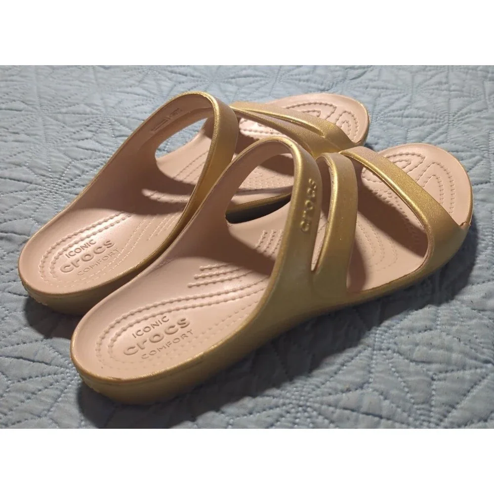 Crocs Kadee II Strappy Sandals Metallic Gold Slides Women's Sz 8 Ionic Comfort